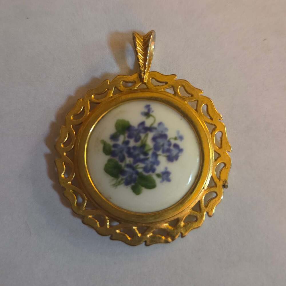 Vintage Hammersley English Porcelain Violets 24kt Gold Plated Floral Pendant
